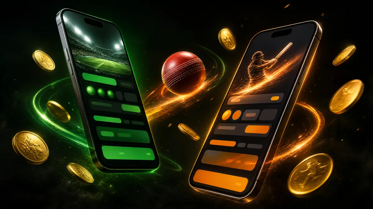 Two smartphones showing the Fairplay app with cricket betting screens, coins and a cricket ball — Fairplay app download