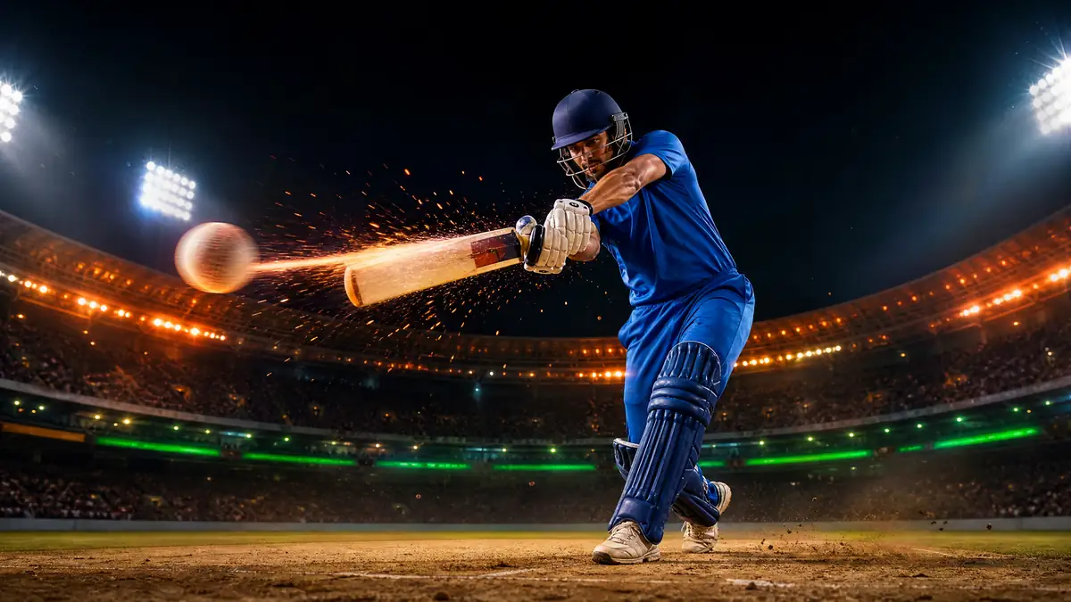 Cricket batsman striking the ball under floodlights at a packed night stadium — Fairplay cricket betting markets