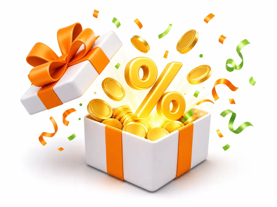 Gift box with golden coins and percentage symbol — Fairplay welcome bonus offer